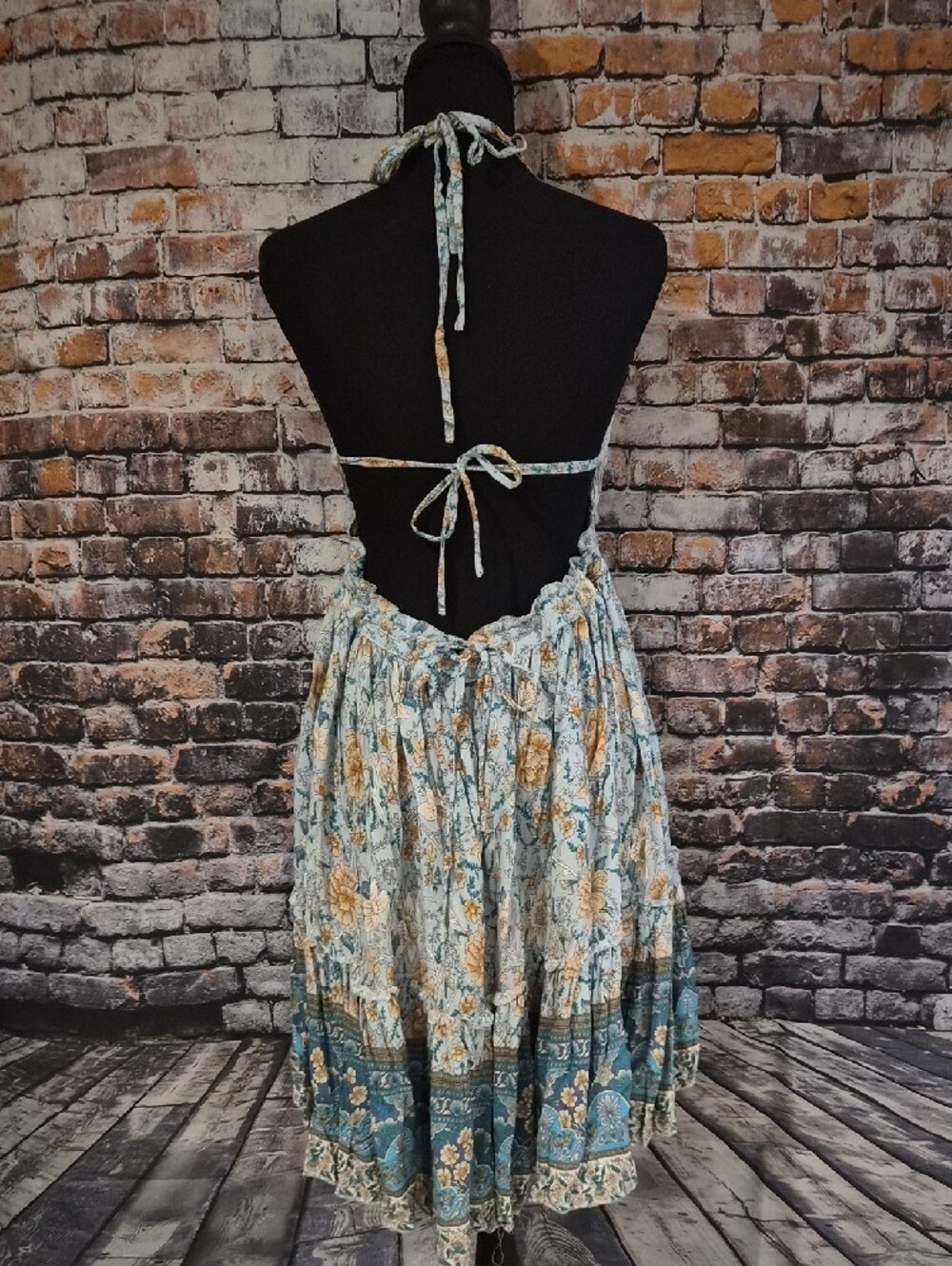 Floral Halter Sun Dress in Light Blue and Mustard - Picture 3 of 5